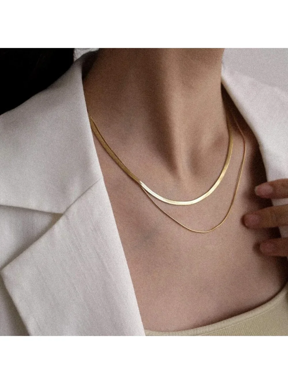 18K Gold Plated Double Herringbone Chain Necklace - Minimalist Layering Jewelry